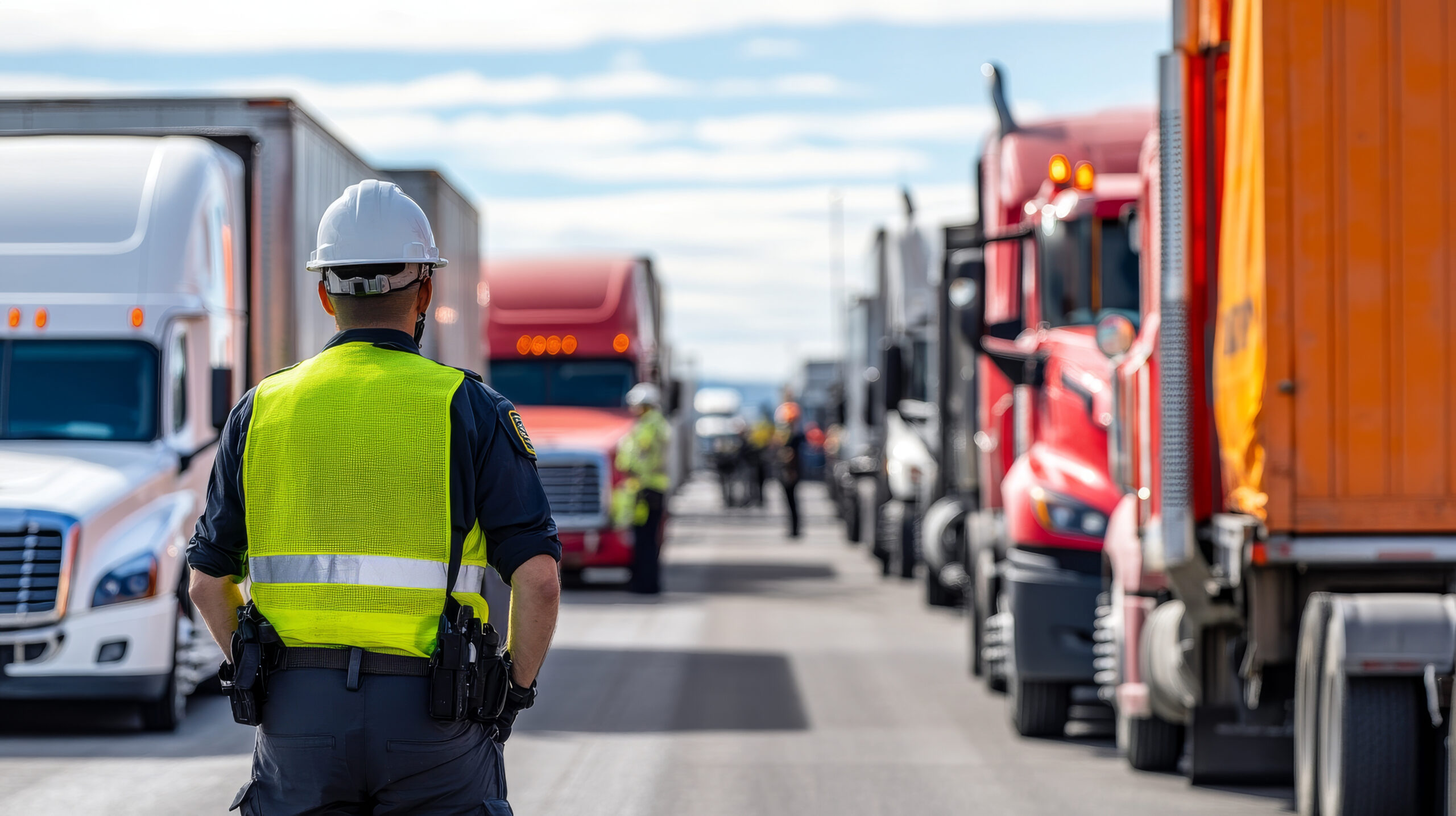 customs officer in reflective vest monitors trucks at border checkpoint, ensuring safety and compliance. scene captures busy atmosphere of border control